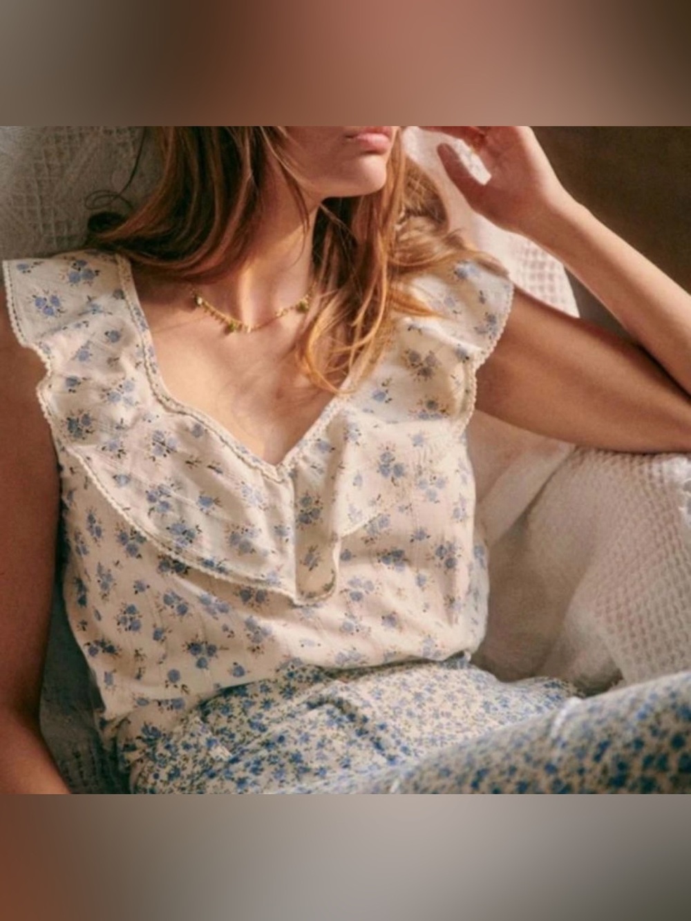 Sezane Gold Blouse Blue Mini Rose - Size 2